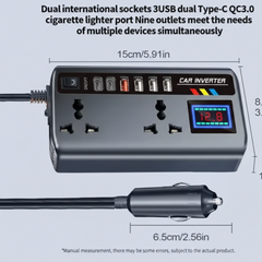 Multi-Port Car Inverter with Dual AC Socket & Digital Display